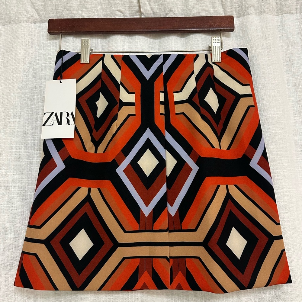 NWT Zara Orange Black A-Line Mini Skirt